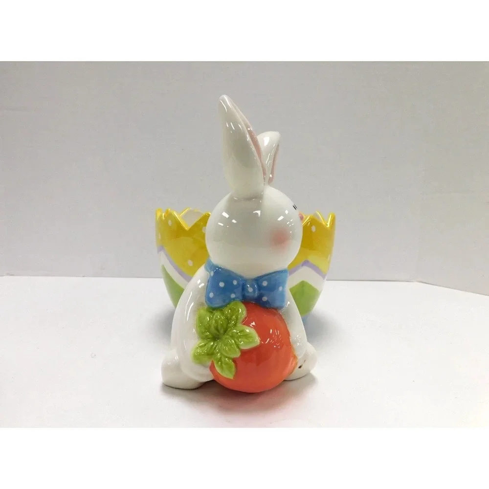 Ceramic Easter Bunny Candy Dish Cracked Egg Figurine Carrot Pastel Bowl DW89
